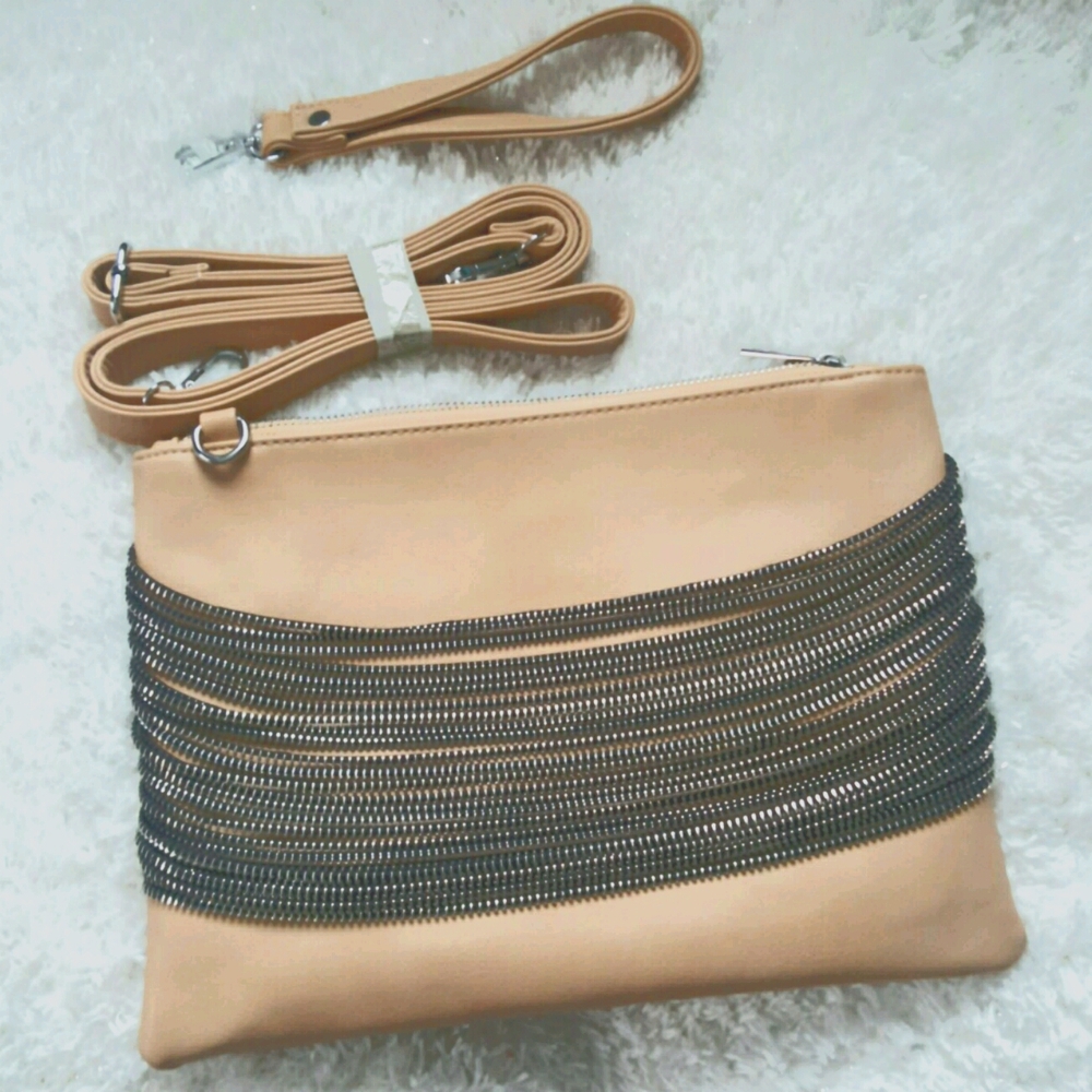 Beige Zipper Clutch